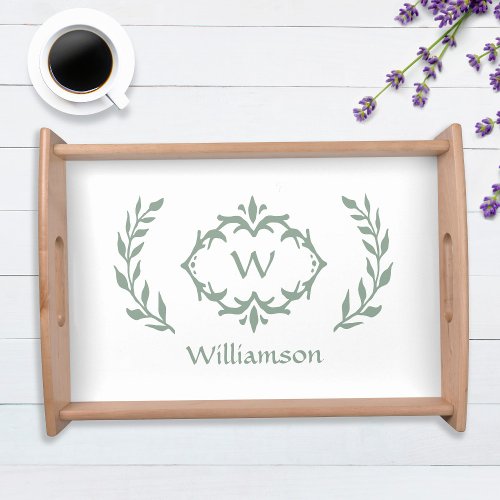 Modern Monogram Elegant Family Wreath White Green Serving Tray