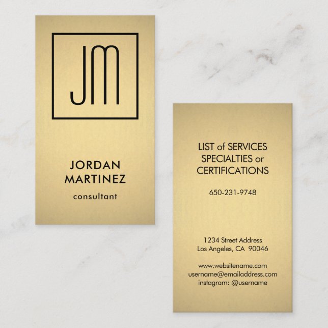 Modern Monogram Elegant Faux Gold Foil Vertical Business Card (Front/Back)
