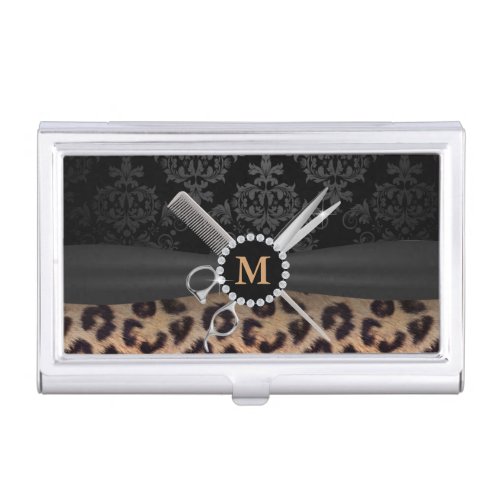 Modern Monogram Elegant Leopard Print Hair Stylist Business Card Case