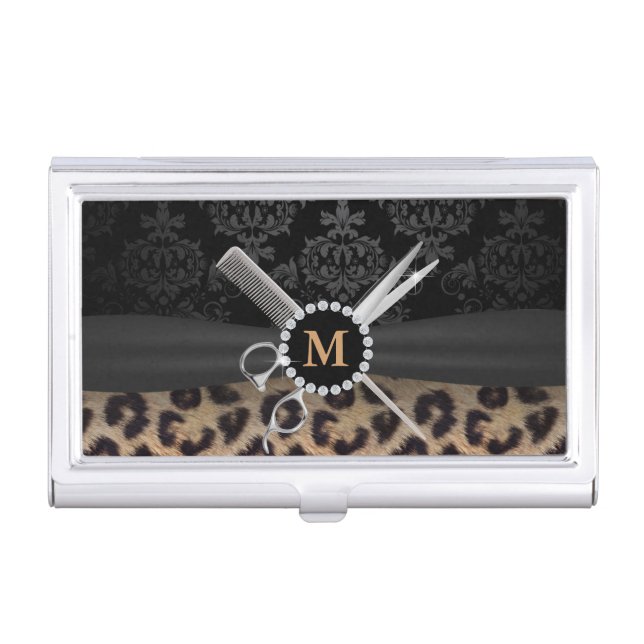 Modern Monogram Elegant Leopard Print Hair Stylist Business Card Case (Front)