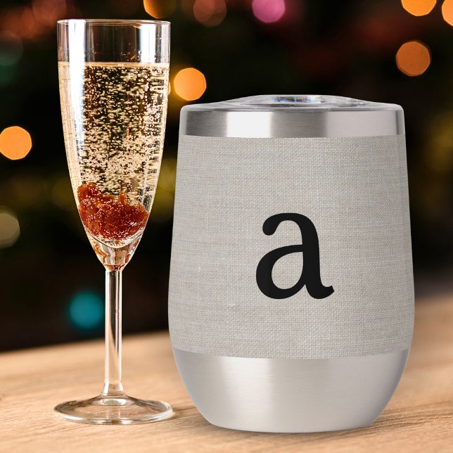 Modern Monogram Elegant Linen Look Initial Name Thermal Wine Tumbler (Creator Uploaded)
