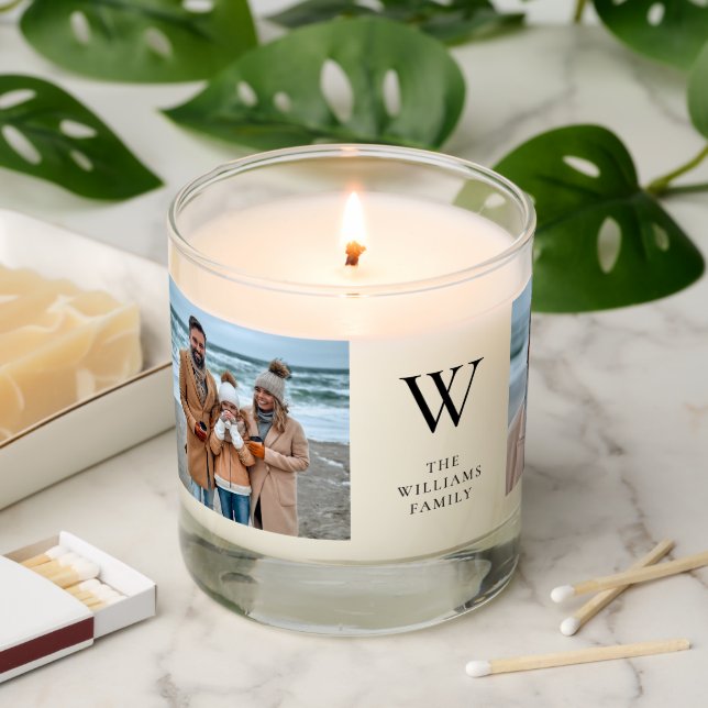 Modern Monogram Elegant Multi Photo Family  Scented Candle (Lit)
