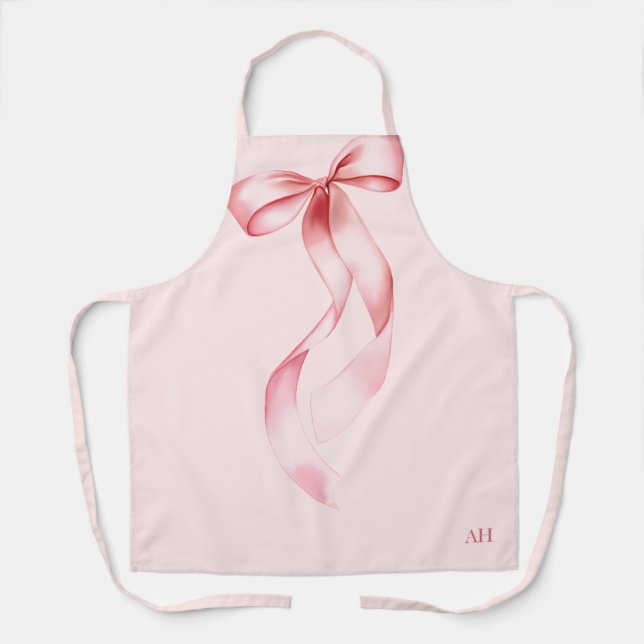 Modern Monogram Elegant Pink Watercolor Bow Baking Apron (Front)