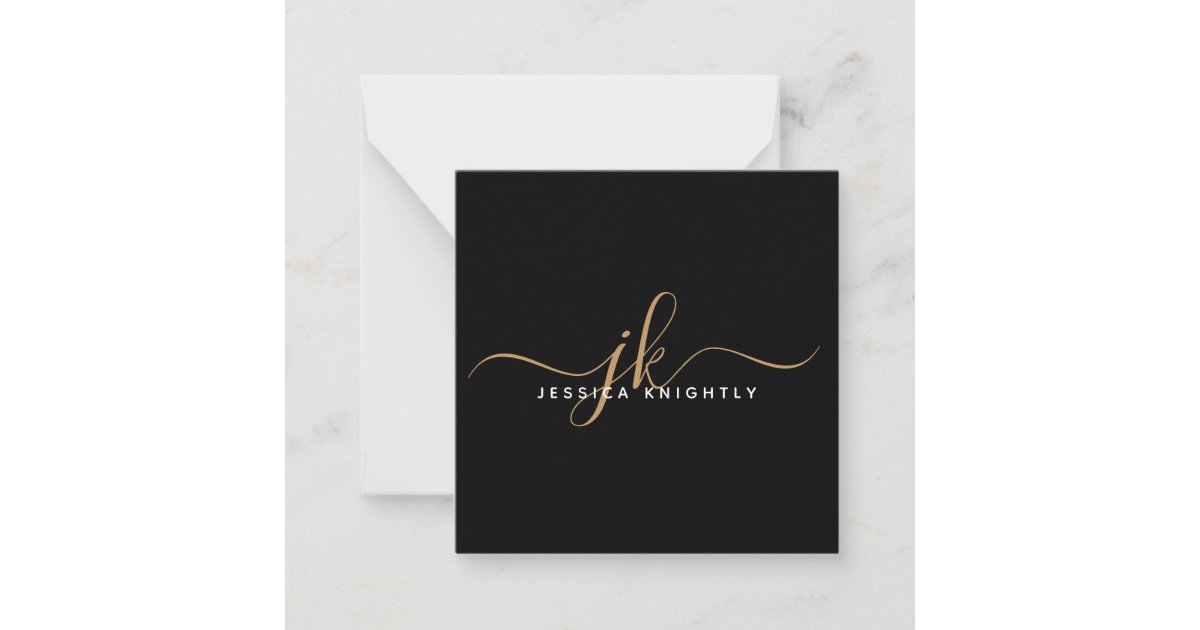 Modern Monogram Elegant Script Initials Gold Black Note Card | Zazzle