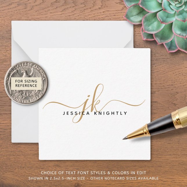 Modern Monogram Elegant Script Initials Gold Black Note Card (Creator Uploaded)