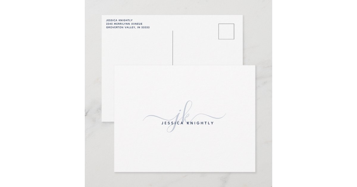 Modern Monogram Elegant Script Initials Navy Blue Postcard | Zazzle