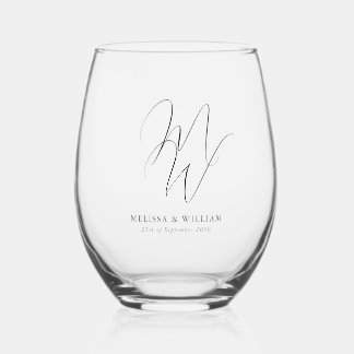 Modern Monogram Elegant Script Wedding Stemless Wine Glass