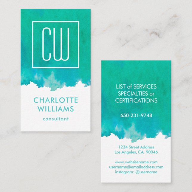 Modern Monogram Elegant Watercolor Teal Vertical Business Card (Front/Back)