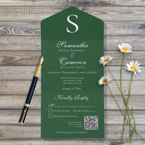 Modern Monogram Emerald Green QR Code All In One Invitation