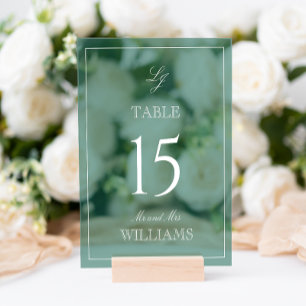 Modern Monogram Emerald Green Wedding Table Number Acrylic Sign