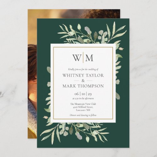 Modern Monogram Emerald Greenery Photo Wedding Invitation