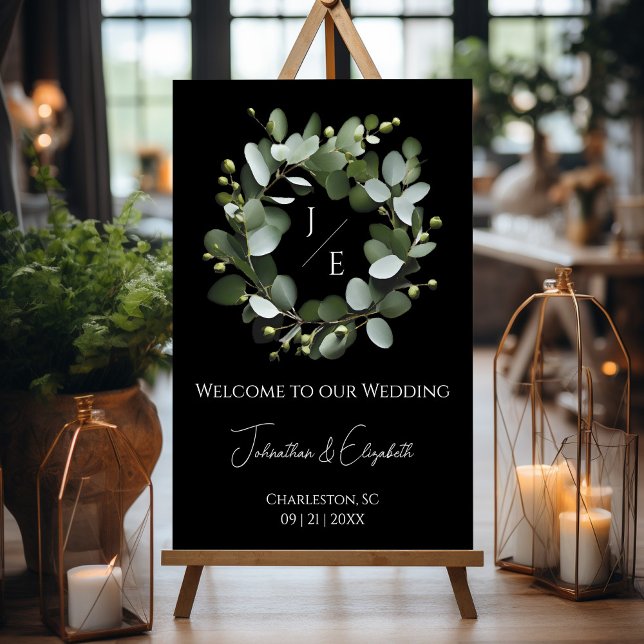 Modern Monogram Eucalyptus Wreath Black Foam Board (Black Modern Monogram Eucalyptus Wreath Wedding Welcome Sign)