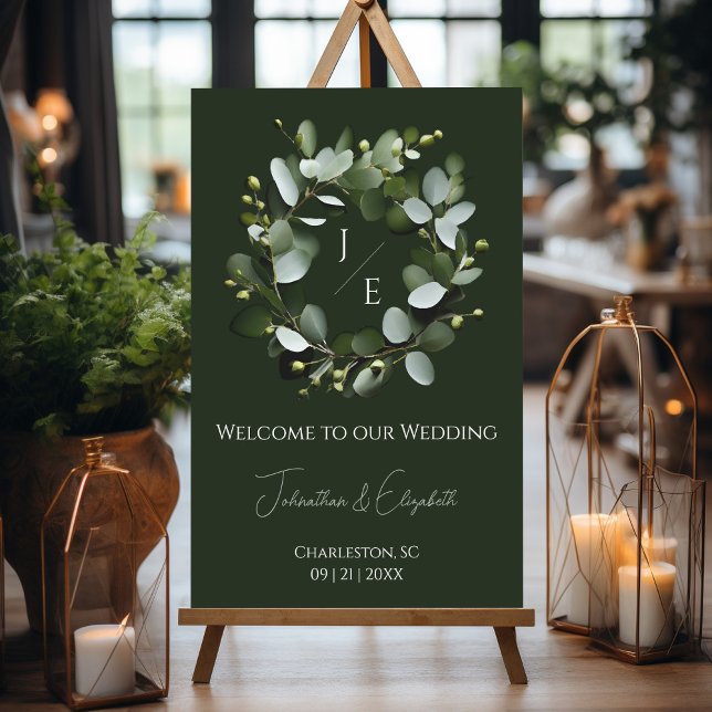 Modern Monogram Eucalyptus Wreath Dark Green Foam Board (Dark Green Modern Monogram Eucalyptus Wreath Wedding Welcome Sign)
