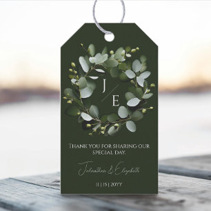 Modern Monogram Eucalyptus Wreath   Dark Green Gift Tags
