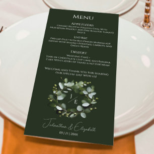 Modern Monogram Eucalyptus Wreath Dark Green Menu
