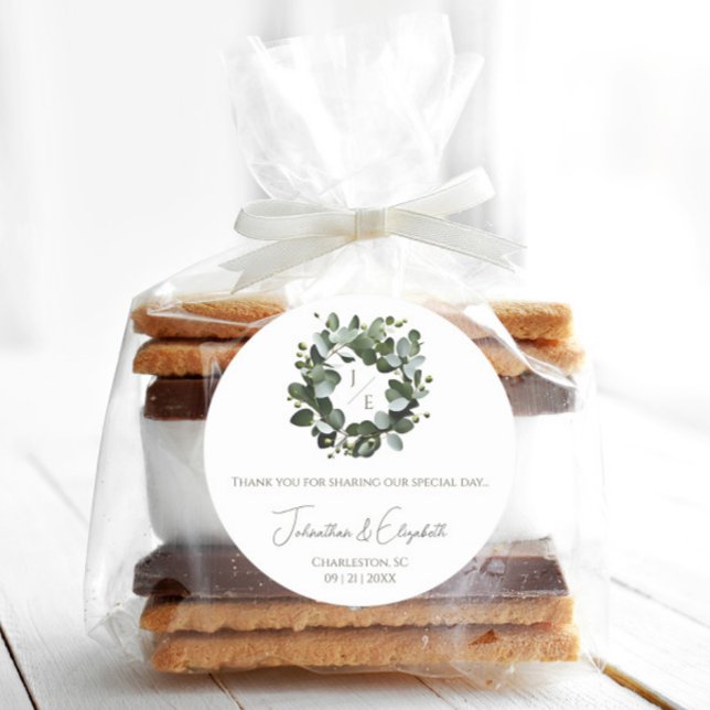 Modern Monogram Eucalyptus Wreath Favor | White  Classic Round Sticker (White Modern Monogram Eucalyptus Wreath Wedding Favor Sticker)