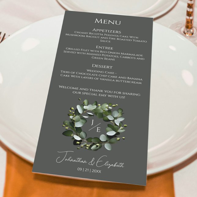 Modern Monogram Eucalyptus Wreath | Gray Menu (Gray Modern Monogram Eucalyptus Wreath Wedding Menu)