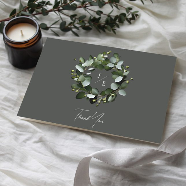 Modern Monogram Eucalyptus Wreath | Gray Thank You Card (Gray Modern Monogram Eucalyptus Wreath Wedding Thank You Card)