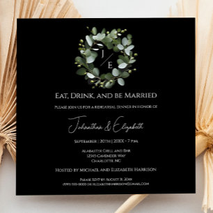 Modern Monogram Eucalyptus Wreath Rehearsal Dinner Invitation