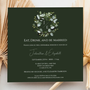 Modern Monogram Eucalyptus Wreath Rehearsal Dinner Invitation