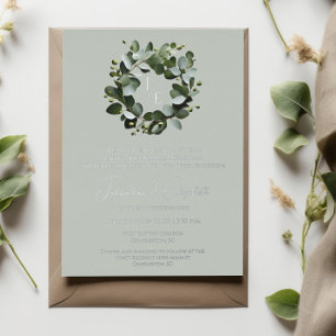 Modern Monogram Eucalyptus Wreath Sage Green Foil Invitation