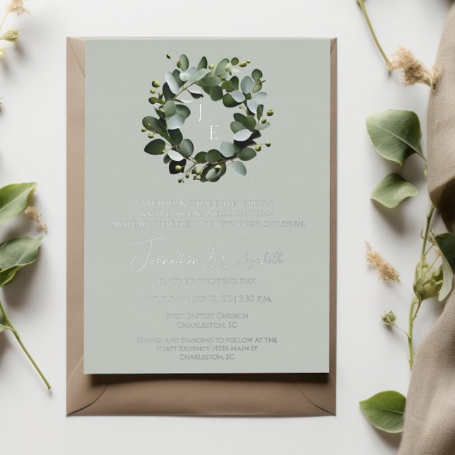 Modern Monogram Eucalyptus Wreath Sage Green Foil Invitation (Sage Green Modern Monogram Eucalyptus Wreath Foil Wedding Invitation)