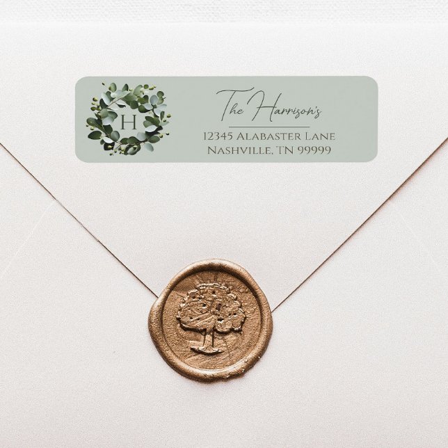 Modern Monogram Eucalyptus Wreath | Sage Green Label (Sage Green Modern Monogram Eucalyptus Wreath Wedding Address Label)
