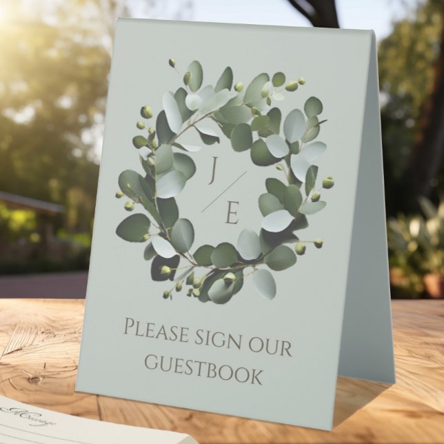 Modern Monogram Eucalyptus Wreath | Sage Green Table Tent (Sage Green Modern Monogram Eucalyptus Wreath Wedding Table Tent Sign)