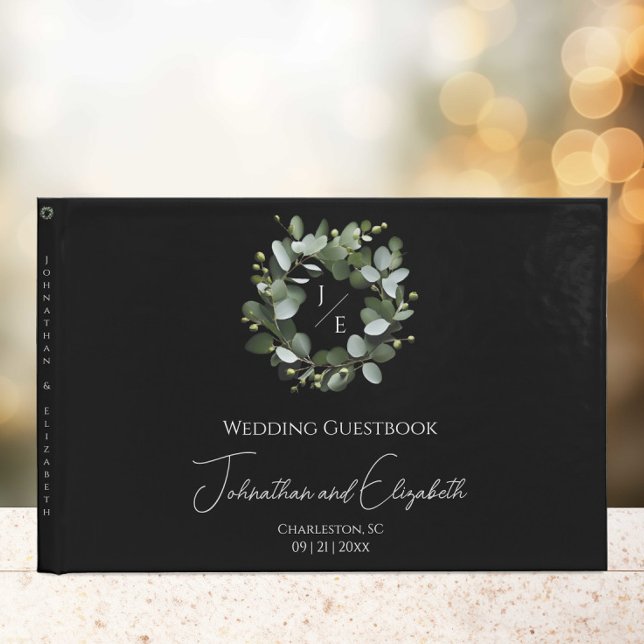 Modern Monogram Eucalyptus Wreath Wedding Black Guest Book (Black Modern Monogram Eucalyptus Wreath Wedding Guestbook)