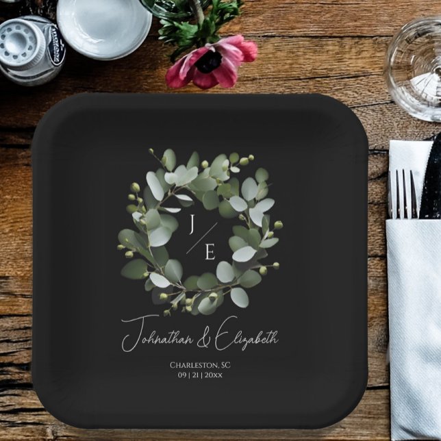 Modern Monogram Eucalyptus Wreath Wedding Black Paper Plates (Black Modern Monogram Eucalyptus Wreath Wedding Paper Plates)