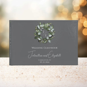 Modern Monogram Eucalyptus Wreath Wedding Gray Guest Book