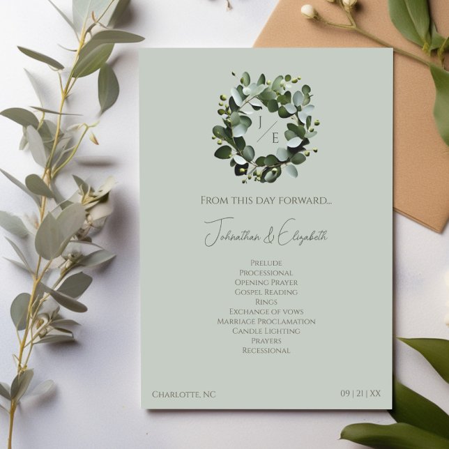 Modern Monogram Eucalyptus Wreath Wedding | Sage Program (Sage Green Modern Monogram Eucalyptus Wreath Wedding Program)