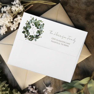 Modern Monogram Eucalyptus Wreath Wedding White Envelope