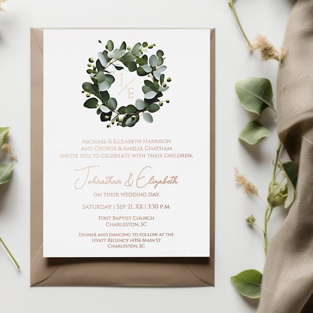Modern Monogram Eucalyptus Wreath Wedding | White Foil Invitation (White Modern Monogram Eucalyptus Wreath Foil Wedding Invitation)