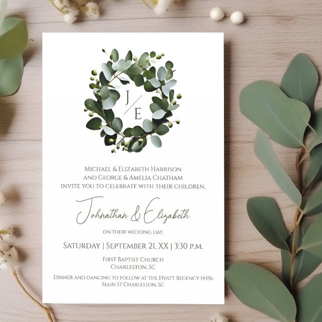 Modern Monogram Eucalyptus Wreath Wedding | White Invitation (White Modern Monogram Eucalyptus Wreath Wedding Invitation)