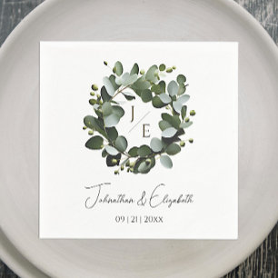 Modern Monogram Eucalyptus Wreath Wedding White Napkins