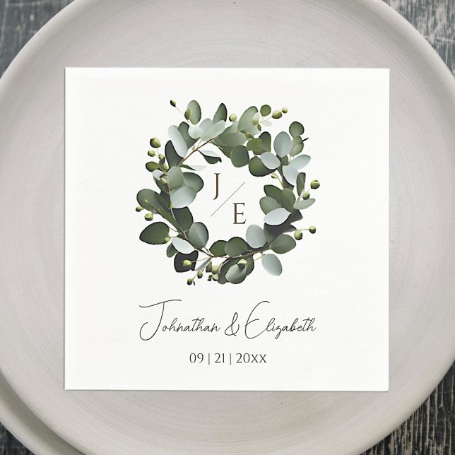 Modern Monogram Eucalyptus Wreath Wedding | White Napkins (White Modern Monogram Eucalyptus Wreath Wedding Napkin)