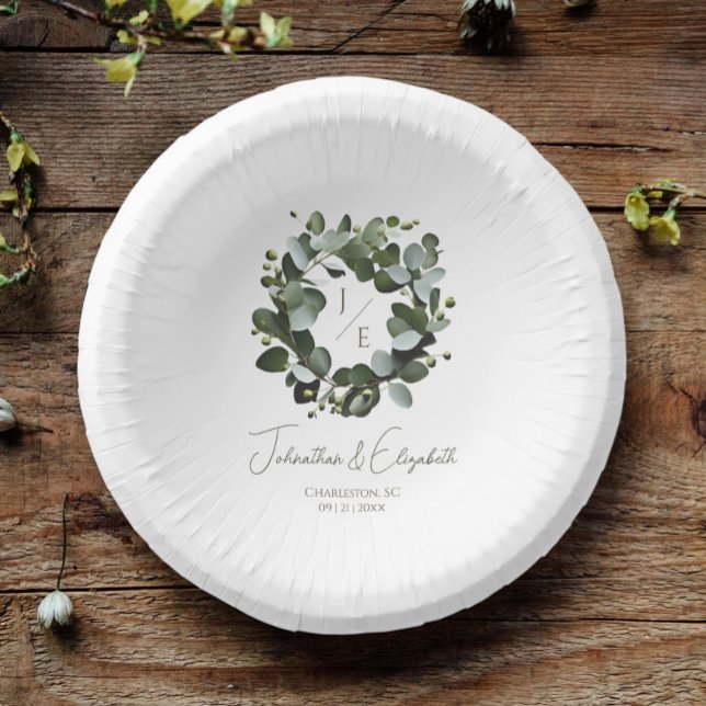 Modern Monogram Eucalyptus Wreath Wedding | White Paper Bowls (White Modern Monogram Eucalyptus Wreath Wedding Paper Bowls)