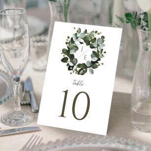 Modern Monogram Eucalyptus Wreath Wedding   White Table Number
