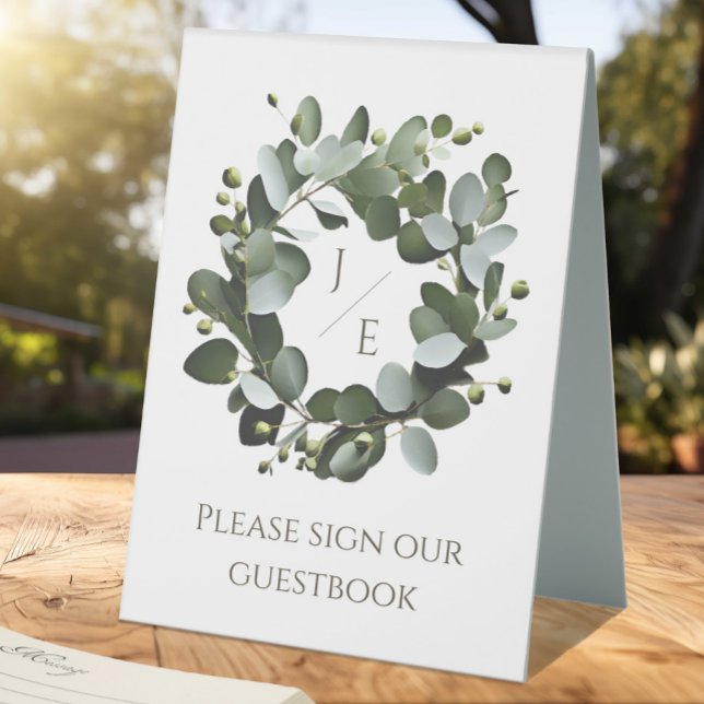 Modern Monogram Eucalyptus Wreath Wedding | White Table Tent (White Modern Monogram Eucalyptus Wreath Wedding Table Tent Sign)
