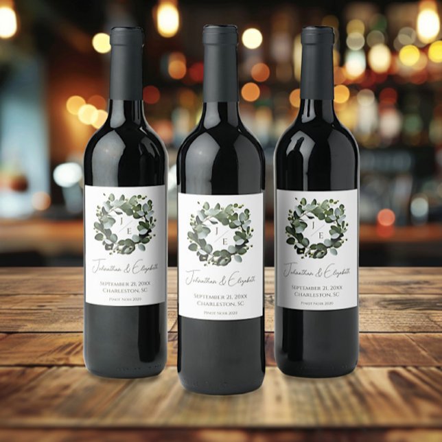 Modern Monogram Eucalyptus Wreath Wedding | White Wine Label (White Modern Monogram Eucalyptus Wreath Wedding Wine Labels)