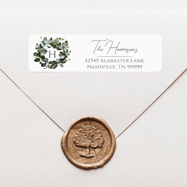 Modern Monogram Eucalyptus Wreath | White Label (White Modern Monogram Eucalyptus Wreath Wedding Address Label)