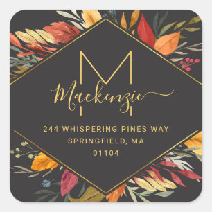 Modern Monogram Fall Foliage Return Address Square Sticker