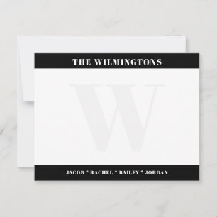 Modern Monogram Family Black and White Stationery Note Card
