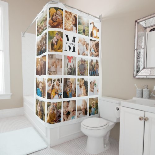 Modern Monogram Family Name 24 Photo Collage Shower Curtain