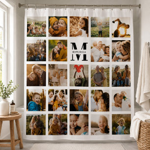 Modern Monogram Family Name 24 Photo Collage Shower Curtain