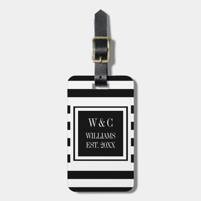 Modern Monogram Family Name Black Stripe Luggage Tag (Front Vertical)