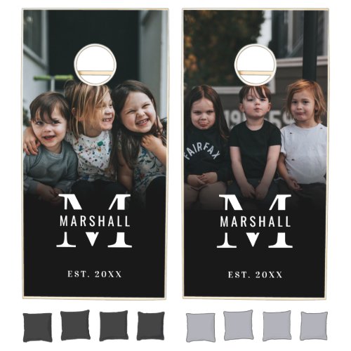 Modern Monogram Family Name  Photo Cornhole Set