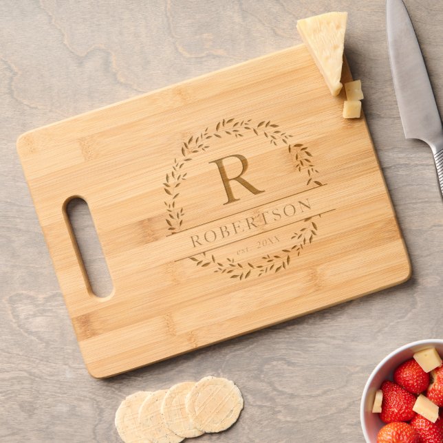 Modern Monogram Family Name Rustic Botanical Engraved Cutting Board (Cheese)