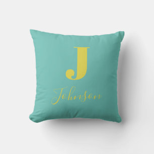 Modern Monogram Family Name Teal Throw Pillow